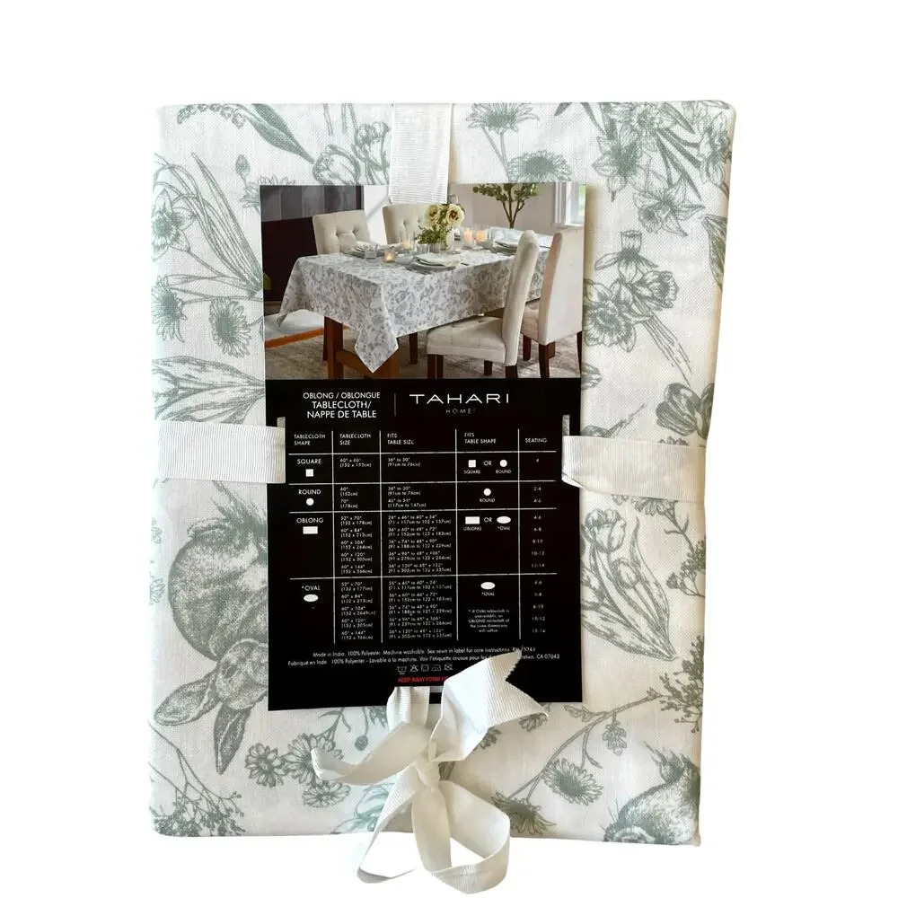 Tahari Floral Bunny Tablecloth 60x120 Sage Green & White Easter Decor NEW
